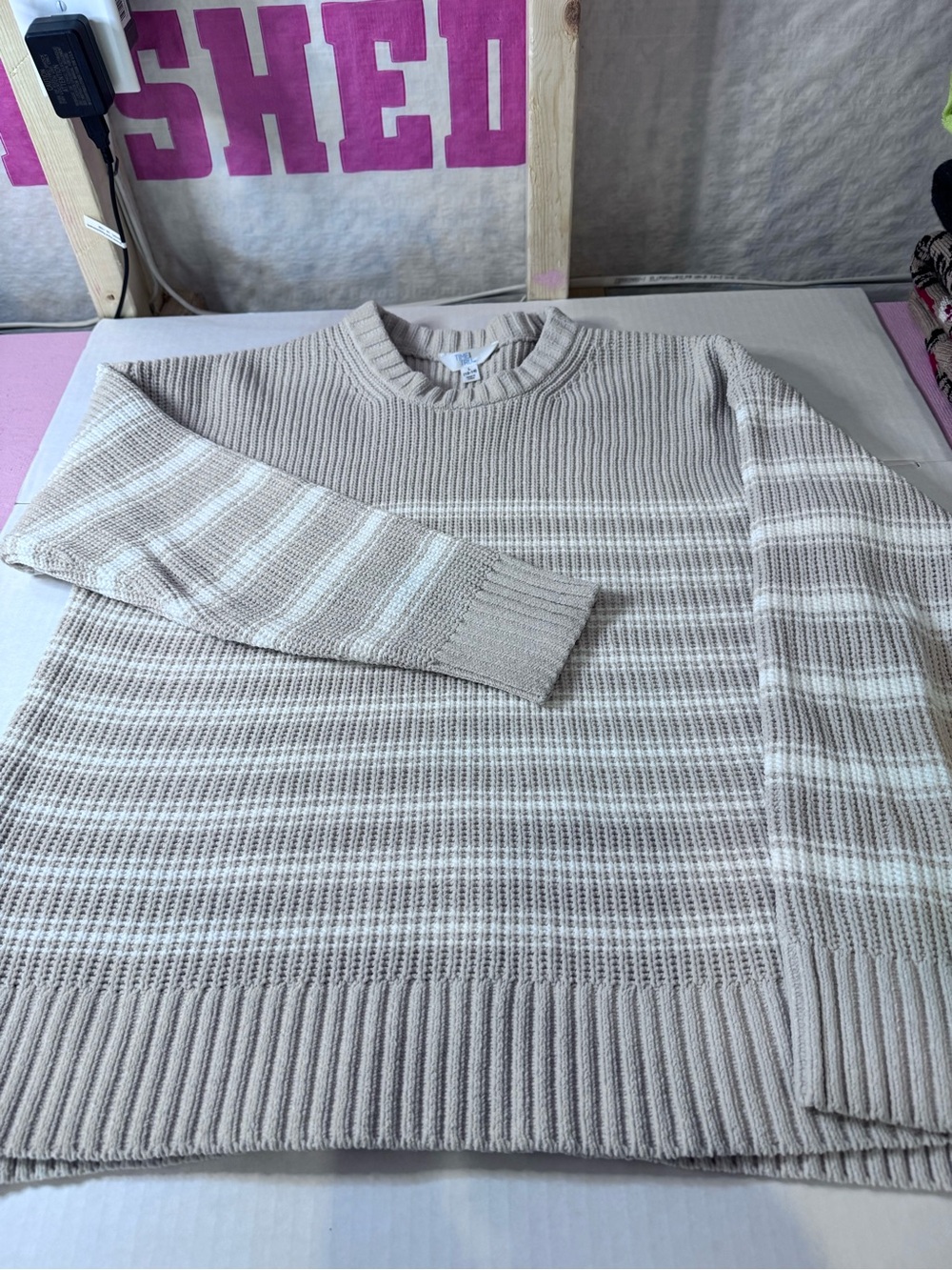 Time and Tru Beige and Cream Striped Crewneck Sweater - Women's